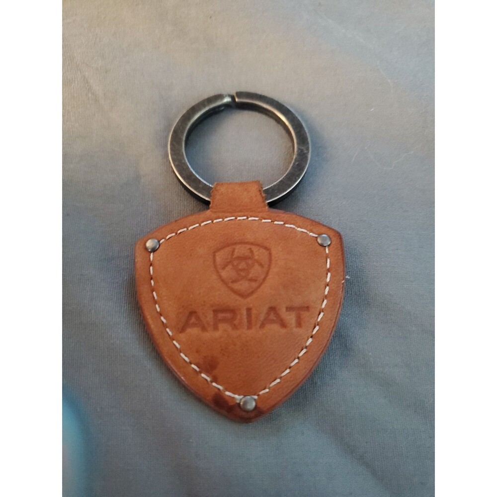 Ariat Double Sided Brown Leather Key Ring Keychain Embossed Logo 3” Cowboy Gift